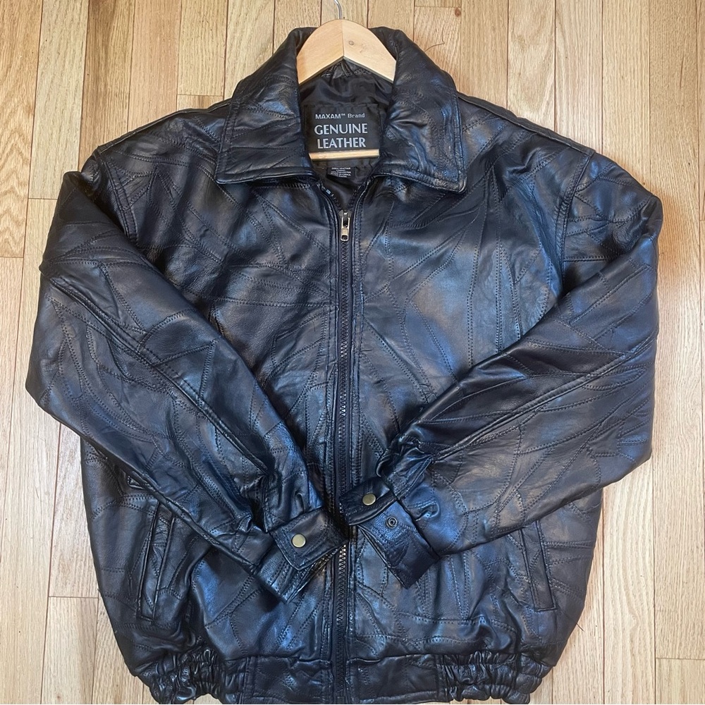Maxam Brand Leather Jacket Mens Large Black Genuine Top Grain Lambskin Bomber